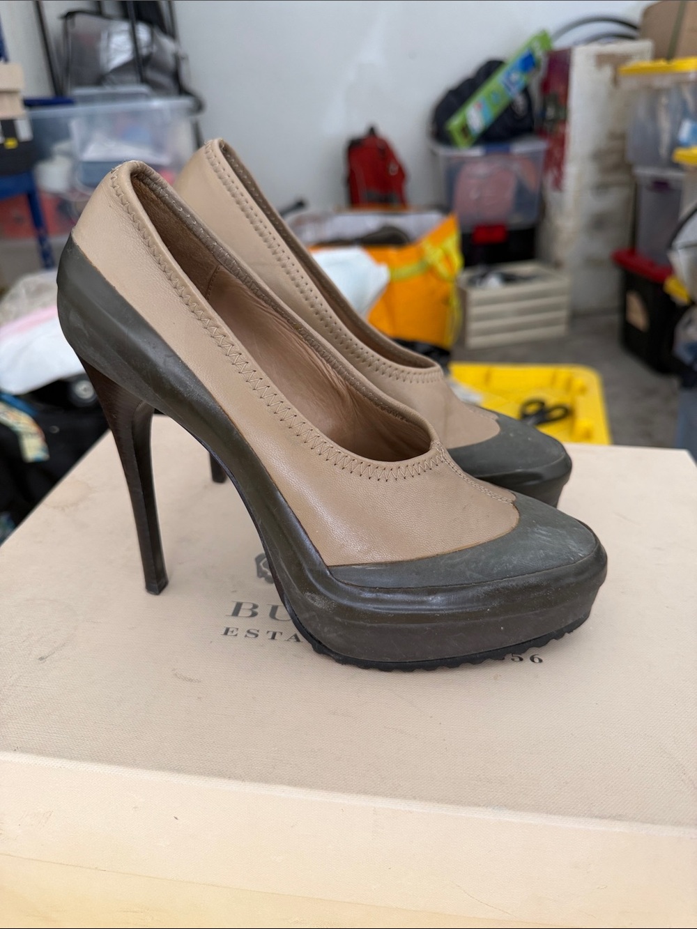 Burberry Beige and Olive Platform Stiletto Pumps